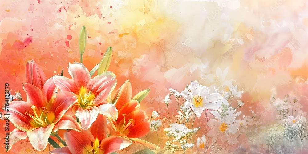 Banner, blooming spring flowers, watercolor, Easter lilies and tulips, golden hour, panoramic beauty.