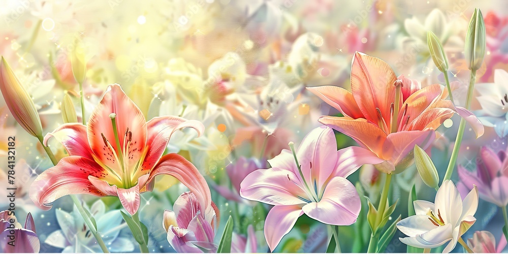 Fototapeta premium Banner, blooming spring flowers, watercolor, Easter lilies and tulips, golden hour, panoramic beauty. 
