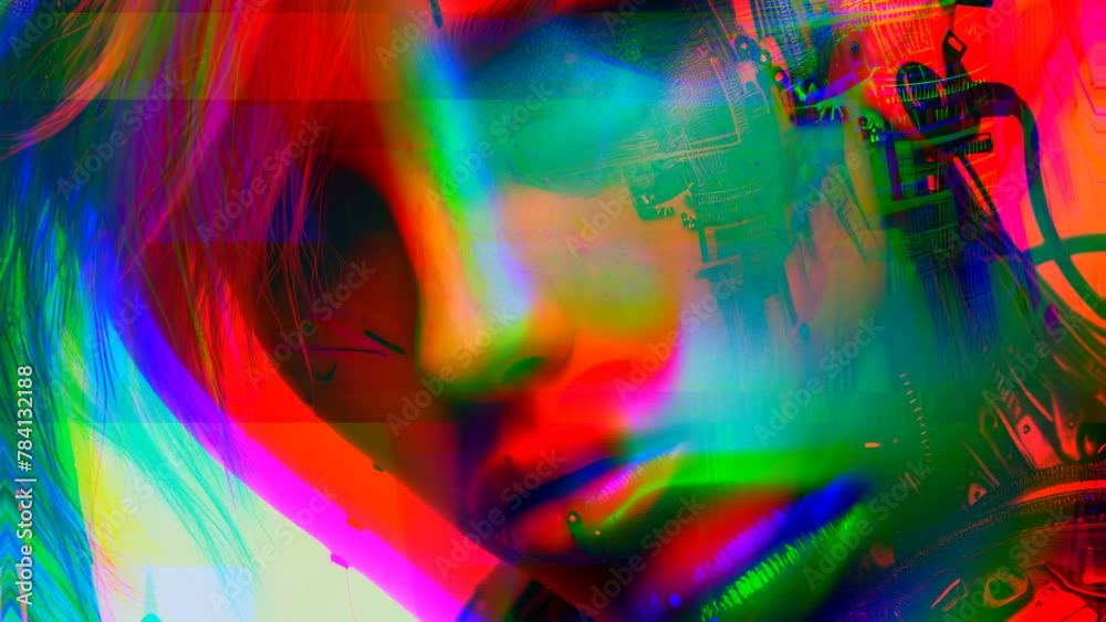 Portrait of a cyberpunk girl transforming into pixel and glitch animation. Noise video art. Portrait of a cyberpunk girl transforming into pixel and glitch animation. Noise video art.