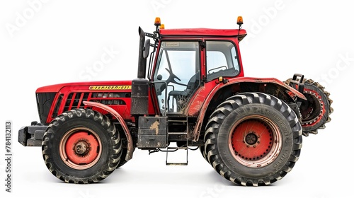 A red agricultural tractor is vividly depicted isolated on a white background  perfectly suited for clear and focused displays