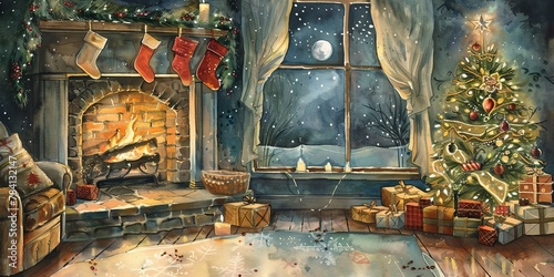 Banner, Christmas Eve, watercolor, cozy interiors, stockings hung, night before, panoramic anticipation.