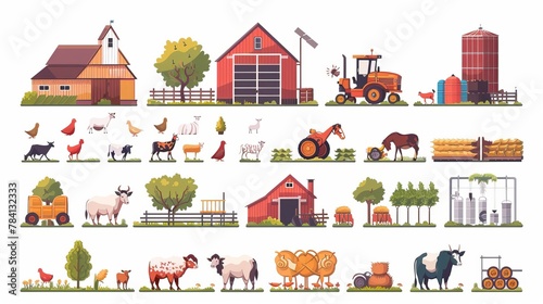 An agriculture and livestock icons set includes agricultural machinery  buildings  farm animals  and tractors  providing comprehensive farming industry signs in isolated vector illustrations