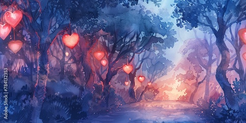 Watercolor banner  path lined with heart lanterns  twilight  inviting journey  wide  enchanting love. 