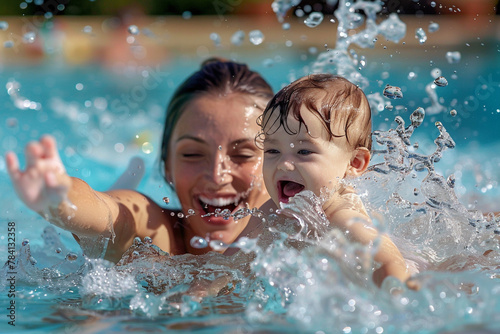 A mom and baby having a joyful splash in a pool  with water droplets frozen in mid-air.
