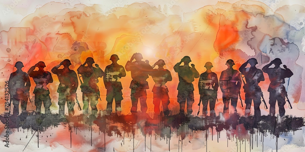 Fototapeta premium Watercolor banner, veterans saluting, faded uniforms, solemn pride, sunrise, wide honor.