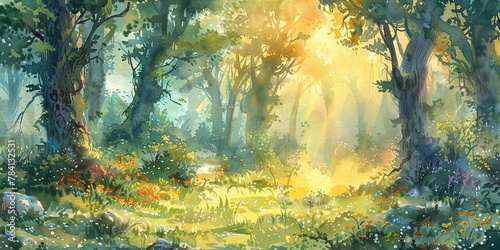 Banner, fairy ring in forest, watercolor, magical glade, twilight glow, wide enchantment.