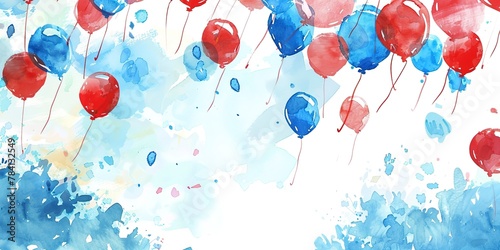 Banner, picnic in the park, watercolor, red, white, and blue balloons, gentle breeze, wide, leisurely celebration. 