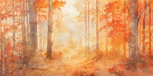Banner  autumnal forest  watercolor  rich oranges and reds  golden hour  wide  serene gratitude.