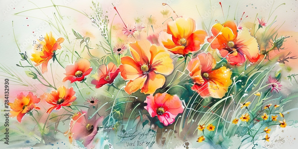 Watercolor banner, bouquet of wildflowers, vibrant spring colors, morning dew, wide, loving tribute.