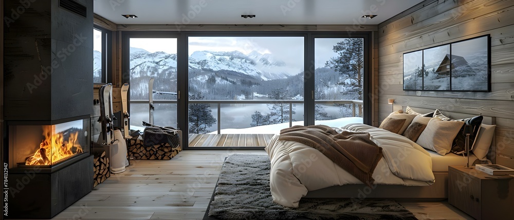 Naklejka premium Ski Retreat Serenity: Fireside Comfort with Mountain Views. Concept Winter Escapes, Cozy Cabins, Snowy Views, Mountain Hideaways, Fireside Relaxation