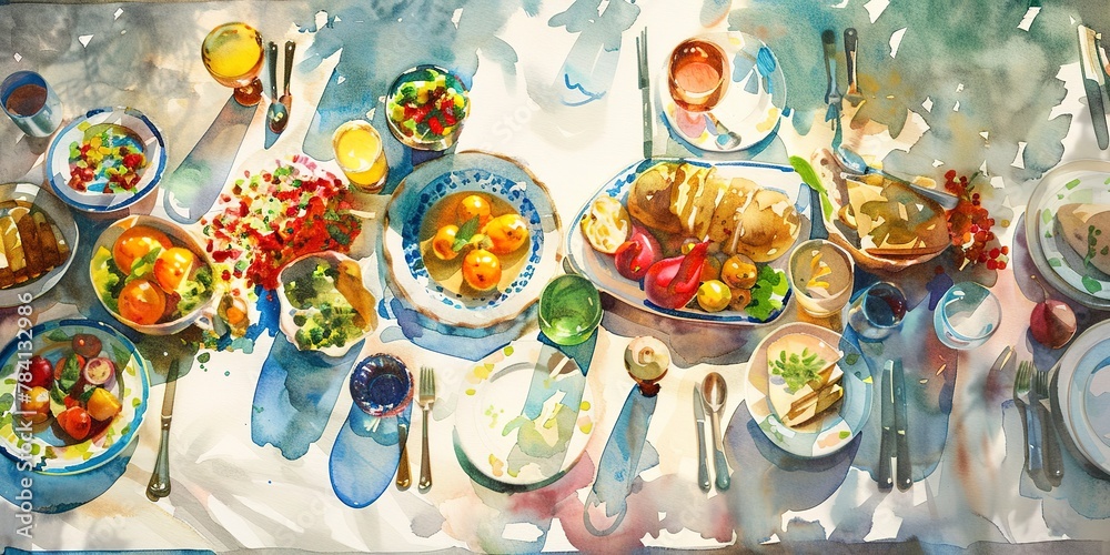Watercolor banner, brunch table from above, colorful spread, soft shadows, midday, wide, festive gathering. 