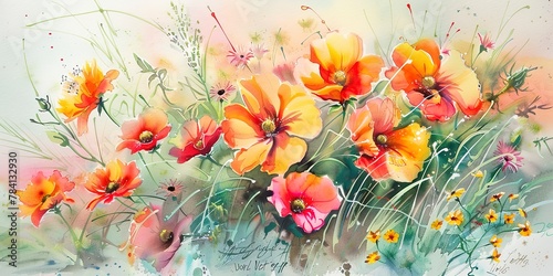 Watercolor banner, bouquet of wildflowers, vibrant spring colors, morning dew, wide, loving tribute.
