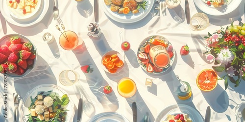 Watercolor banner, brunch table from above, colorful spread, soft shadows, midday, wide, festive gathering.
