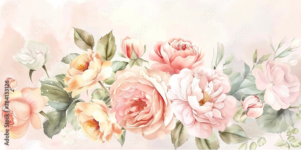 Watercolor banner, bridal bouquet, soft roses and peonies, morning dew, wide, tender elegance. Watercolor banner, bridal bouquet, soft roses and peonies, morning dew, wide, tender elegance.