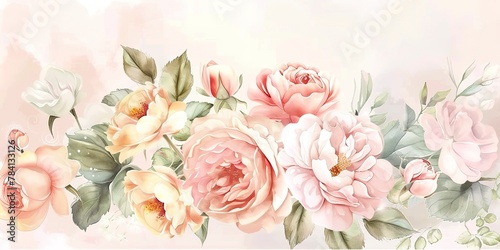 Watercolor banner, bridal bouquet, soft roses and peonies, morning dew, wide, tender elegance.