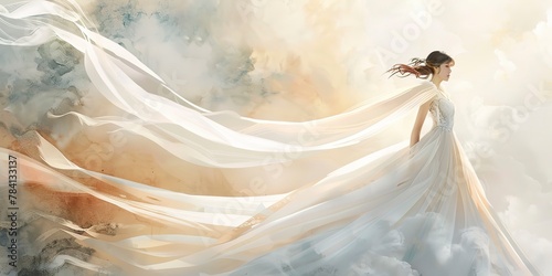 Watercolor banner, elegant wedding dress, flowing fabric, soft backlight, afternoon light, wide, graceful allure. 