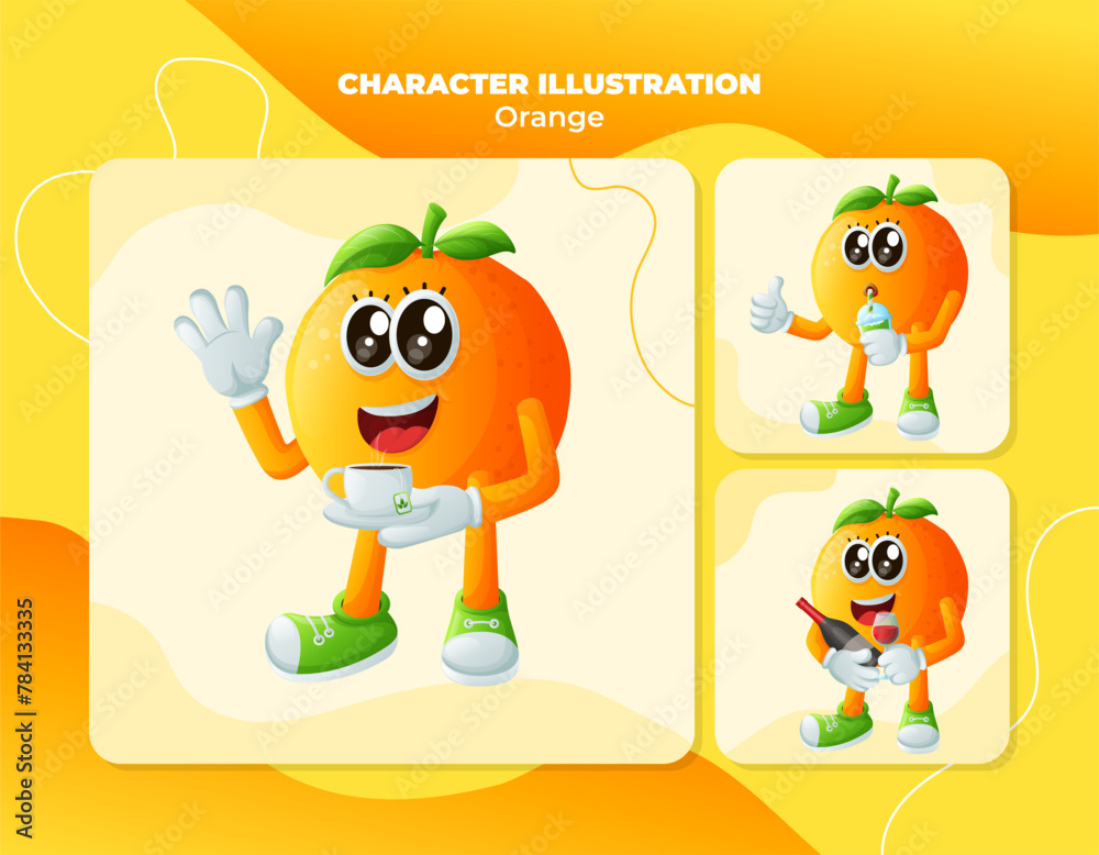 Fototapeta premium Cute orange characters enjoying beverages