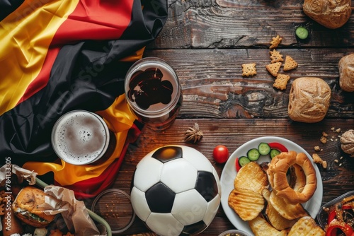 German flag and football ball and snacks and beer