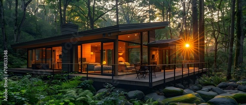 Serene Sunset Retreat: Modern Cabin Amidst Lush Forest. Concept Nature Escape, Cabin Getaway, Sunset Views, Peaceful Surroundings, Modern Retreat