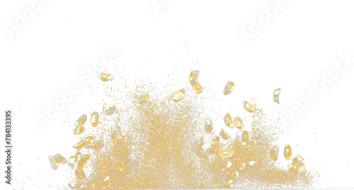 Gold Ingot Chinese Money bar token fly with dust particle in air. Chinese new year Yuanbao gold ingots floating to golden money sand particle. Language is wealthy prosperity. Black background isolated photo