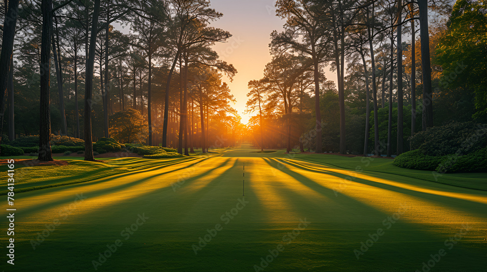 Golf course - tournament - country club - pristine - well-manicured - sunset - golden hour - links - green - fairway - tee  - obrazy, fototapety, plakaty 