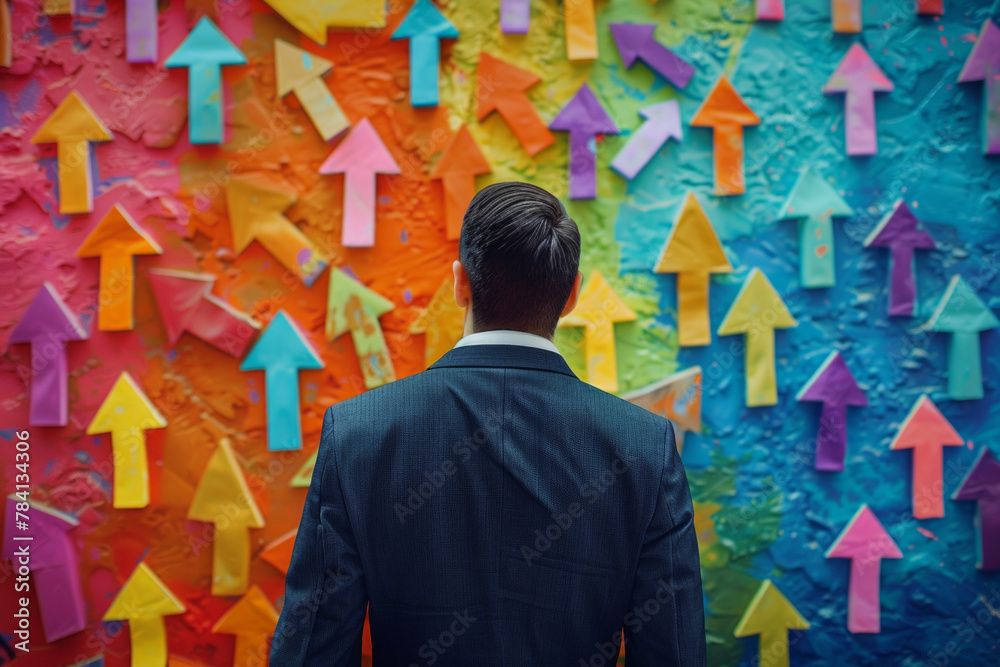 A businessman facing multiple arrows pointing in different directions, the concept of decision making A businessman facing multiple arrows pointing in different directions, the concept of decision making