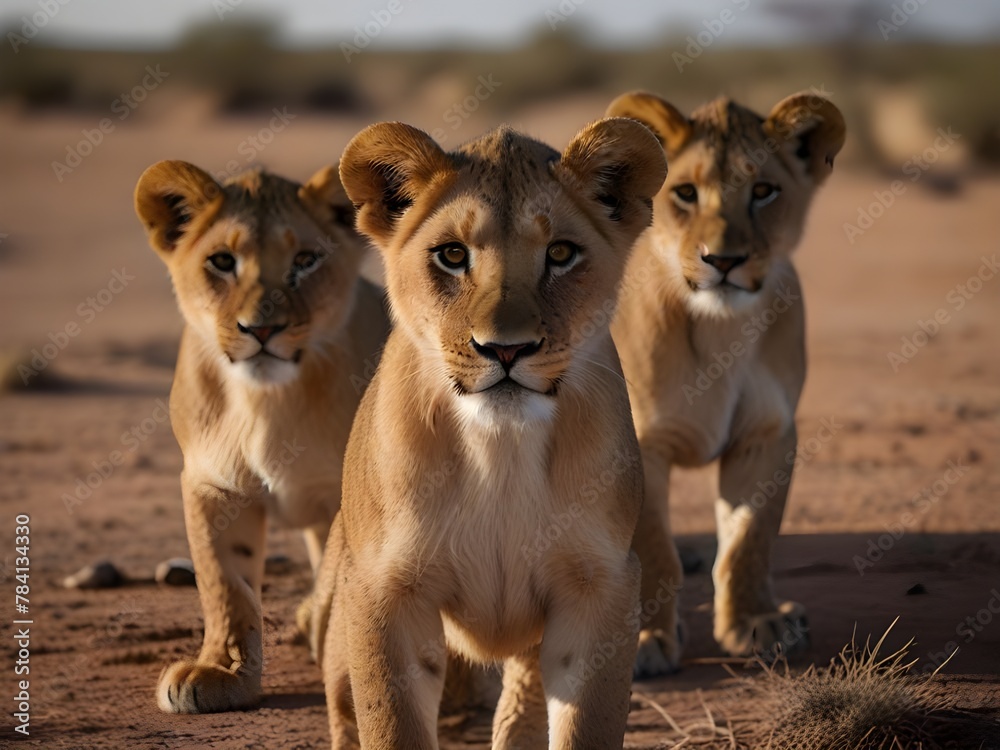 Curious Young Lions: Group of Teenage Cubs Gazing into the Camera in the African Desert, Captured with Ultra Wide Angle Lens for Wildlife Photography Adventure Curious Young Lions: Group of Teenage Cubs Gazing into the Camera in the African Desert, Captured with Ultra Wide Angle Lens for Wildlife Photography Adventure