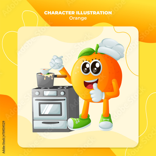 Cute orange character cooking on a stove