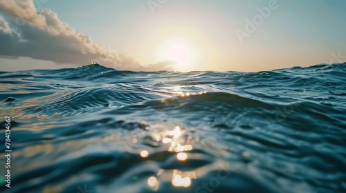 Beautiful blue ocean background with sunset rays and underwater view, tropical sea water