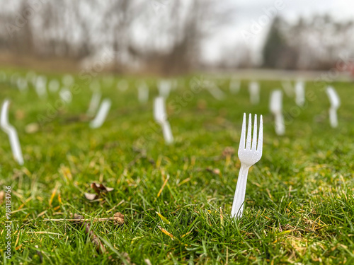 Many white plastic forks planted in lawn, forking, grass, as April Fool joke. photo