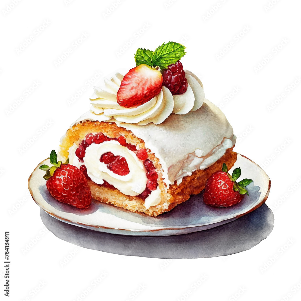 白い画用紙に描いた苺と生クリームのロールケーキのイラスト 白い画用紙に描いた苺と生クリームのロールケーキのイラスト