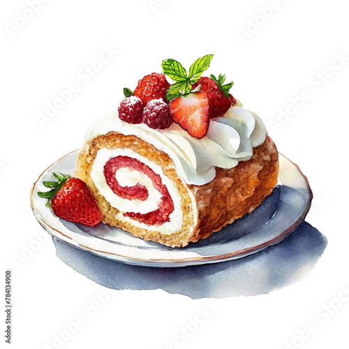 白い画用紙に描いた苺と生クリームのロールケーキのイラスト