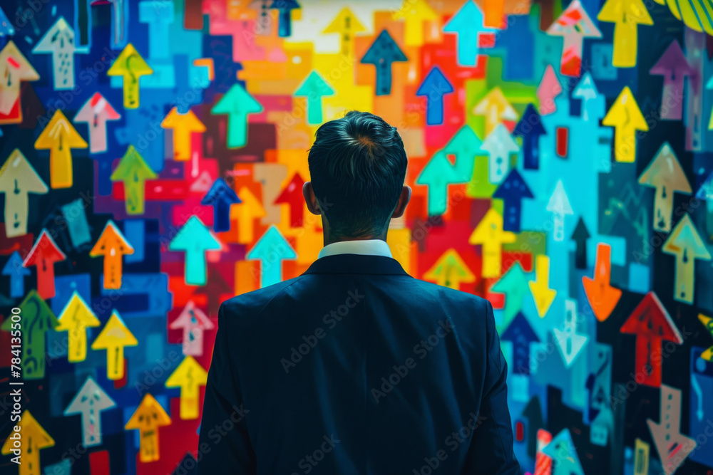 A businessman facing multiple arrows pointing in different directions, the concept of decision making A businessman facing multiple arrows pointing in different directions, the concept of decision making