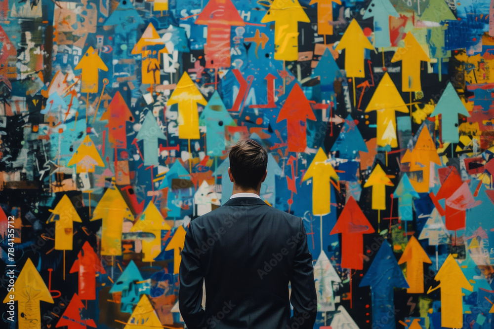 Fototapeta premium A businessman facing multiple arrows pointing in different directions, the concept of decision making