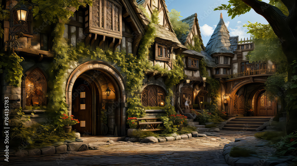 Tudor style, House Fantasy background, Creating antique design of Outdoor Spaces architecture decorate vintage concept Tudor style, House Fantasy background, Creating antique design of Outdoor Spaces architecture decorate vintage concept