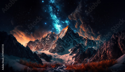 Beautiful Starry Night  Colorful Sky and Majestic Mountains under the Milky Way Galaxy  natural landscape background