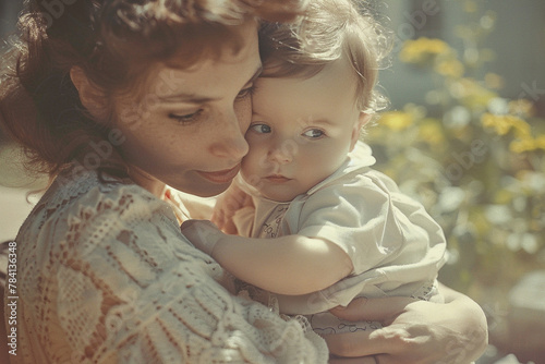 A mom and baby depicted in a retro-inspired, vintage photograph filter.