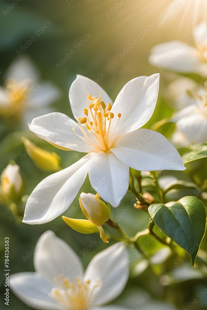 Fototapeta premium Beautiful jasmine flowers on nature background. Soft focus.