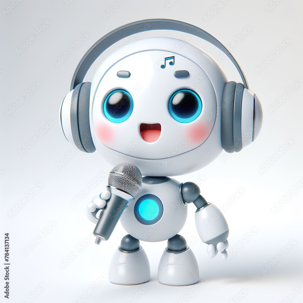 a cute AI robot wearing Wireless headphone and singing, funny, happy, smile, white background a cute AI robot wearing Wireless headphone and singing, funny, happy, smile, white background