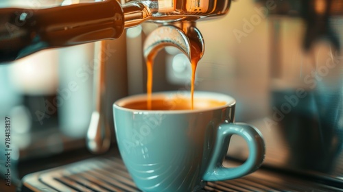 Espresso pouring into blue cup from coffee machine, warm tones, caffeine, morning beverage. photo