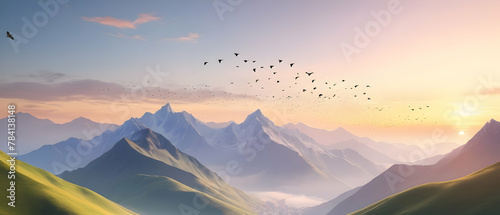 Panorama of Beautiful misty mountains with gentle slopes and flock of birds in sunrise sky photo