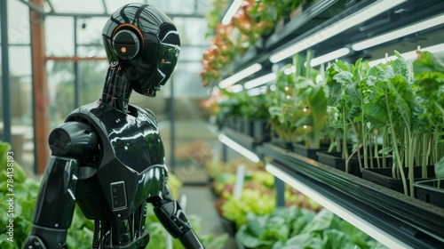 Futuristic robot inspecting plants in an indoor vertical farm, technology in agriculture concept.