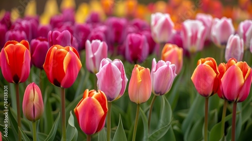 Colorful tulip field in bloom  vibrant floral background  springtime blossoms  nature s beauty  or gardening and horticulture concept.