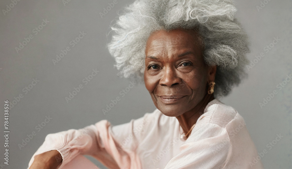 mature African American woman of 70 years smiles at the camera posing elegantly against a neutral background. She is wearing a thin cotton sweater and has a full afro hairstyle filled with gray hairs mature African American woman of 70 years smiles at the camera posing elegantly against a neutral background. She is wearing a thin cotton sweater and has a full afro hairstyle filled with gray hairs