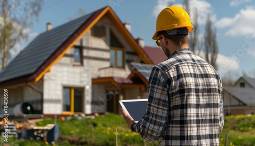 Construction professional inspecting a residential building project while holding a tablet