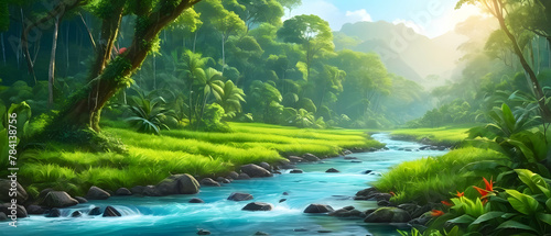 Panorama painting of beautiful stream - natural landscape in the tropical forest. © Rat Art