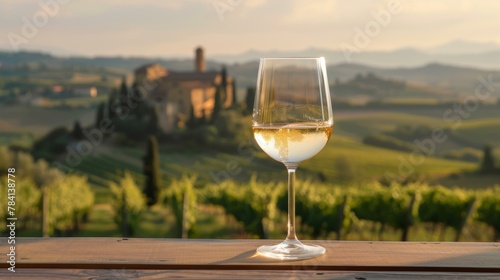 Glass of white wine on a railing with a scenic Tuscan landscape and a historic villa in the background at sunset