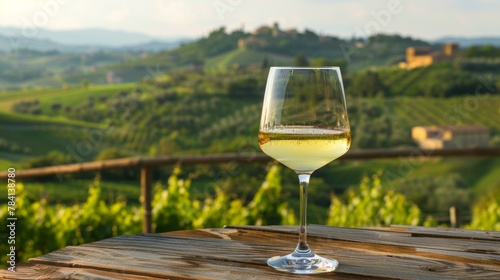 Glass of white wine on a rustic wooden table overlooking rolling vineyard hills at sunset
