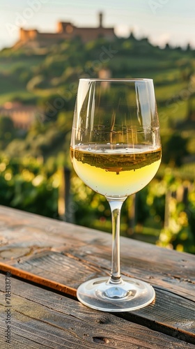 A glass of white wine with a vineyard and castle in the background at sunset