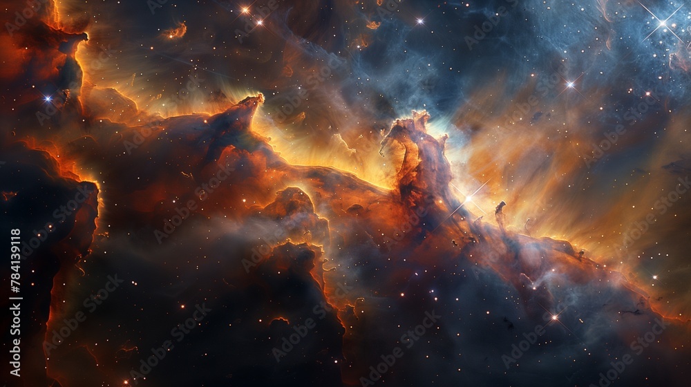 An awe-inspiring celestial masterpiece, where stars dance amidst the vibrant colors of a cosmic nebula.